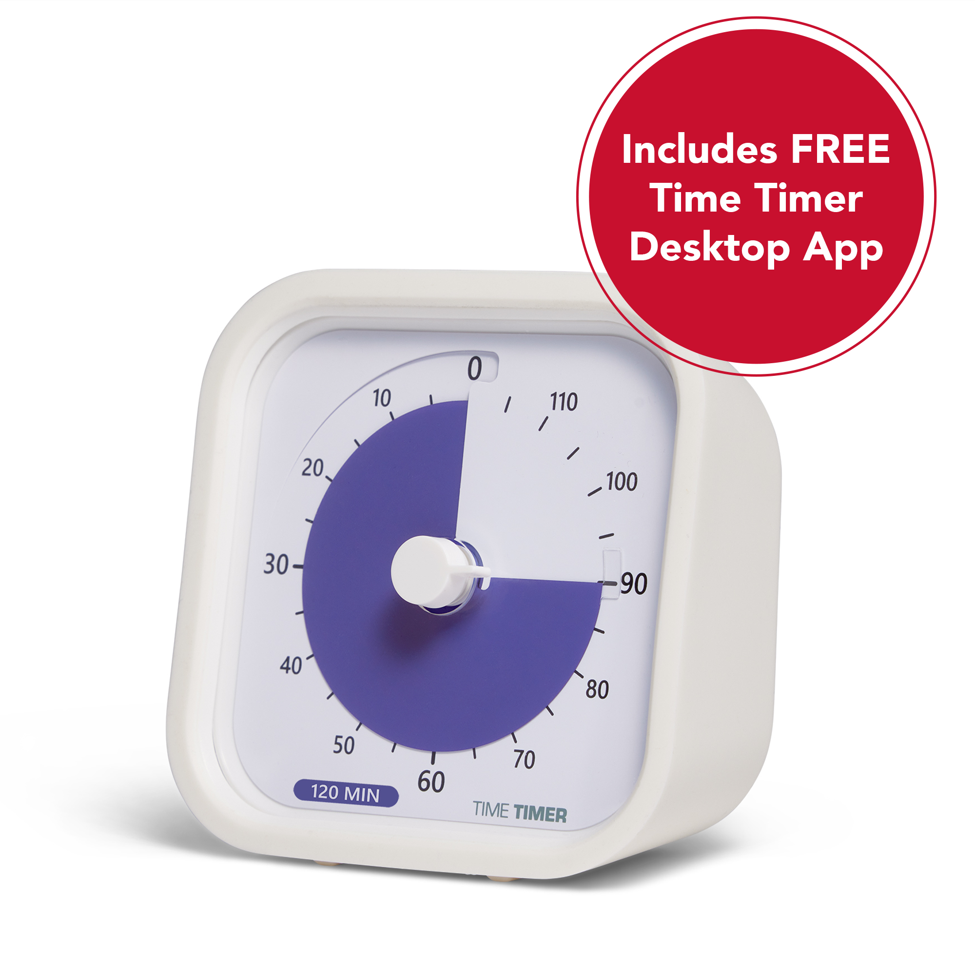The Time Timer MOD 120-Minute visual timer is shown with a purple disk set at the 90 minute mark. A red graphic overlays the photo and states "Includes Free Time Timer Desktop App"