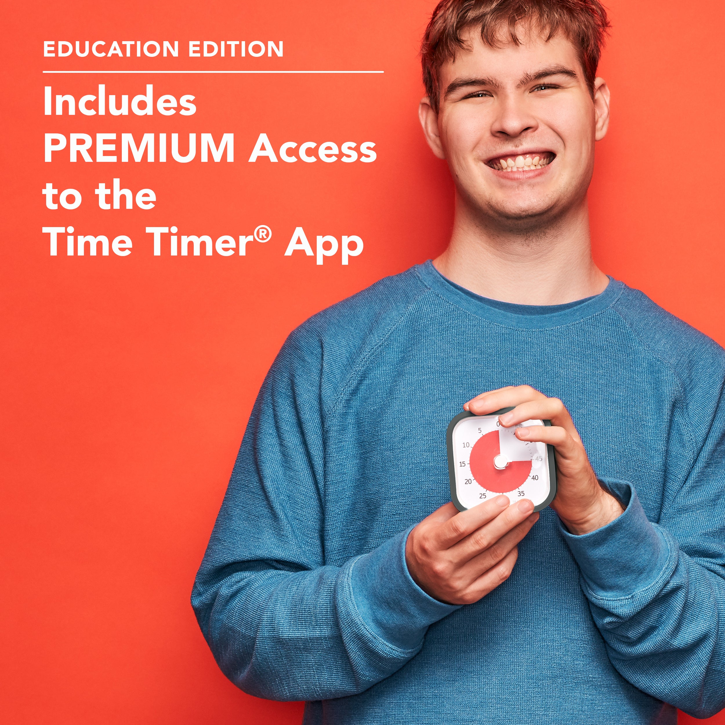 Bayley, a young man with autism, is holding the Time Timer MOD 60 Minute Visual Timer. There is text on the image that reads "Education Edition: Includes Premium Access to the Time Timer App."