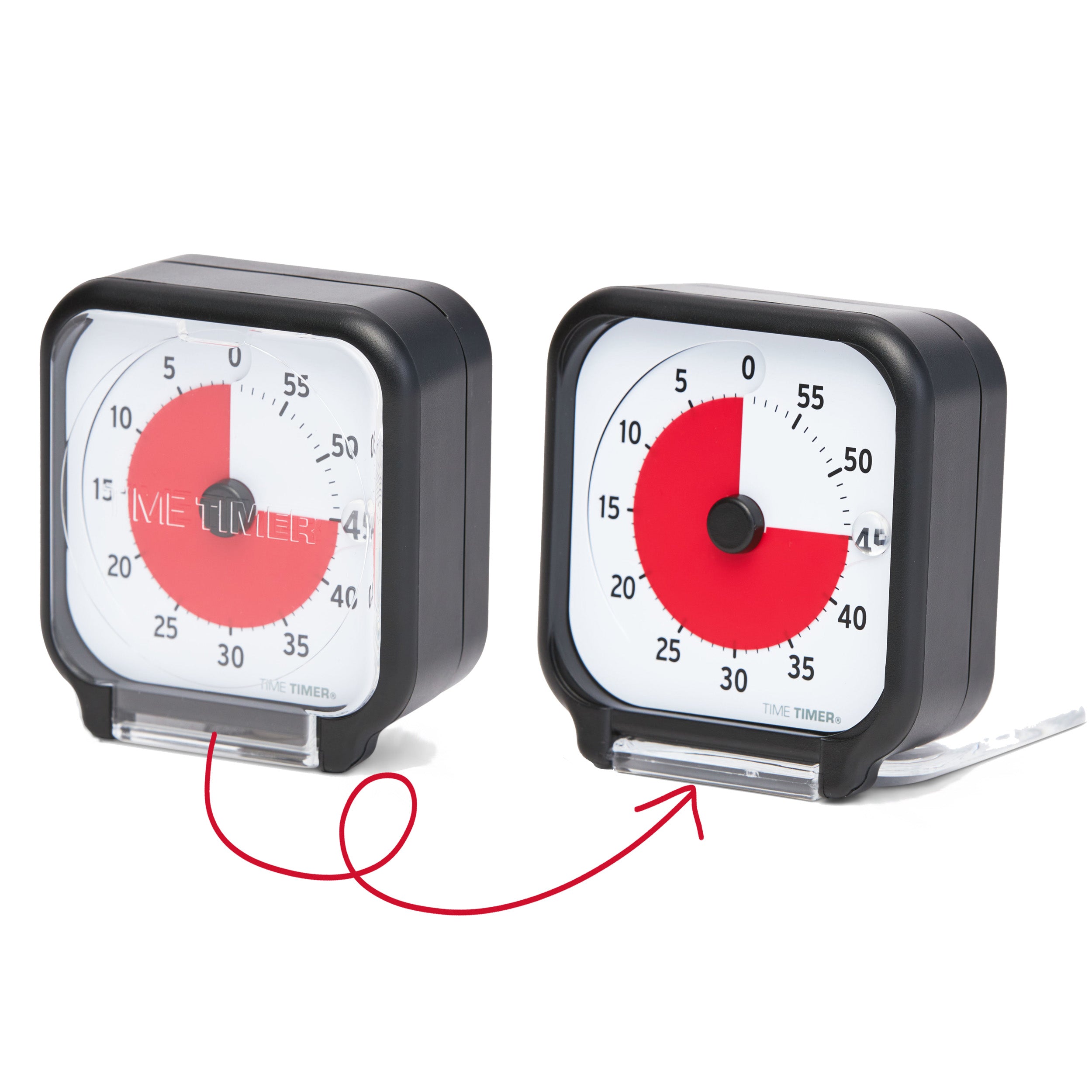 Time Timer Original 3 inch Visual Timer - Pocket. The Time Timer 3-inch has a clear lid. When closed, it protects the timer, and the red disk can be seen through it. When it is open, it folds under the timer, and acts as a stand for the timer to be placed on any flat surface.