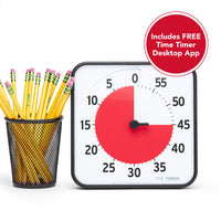 The Time Timer® Original 8” is shown next to a cup of pencils. The pencils are about the same height as the timer. The visual timer's red disk is set to 45 Minutes. A graphic states "Includes FREE Time Timer Desktop App."