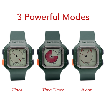 Time Timer® Watch - Visual Timer shows 3 modes; clock, a countdown timer, and an alarm.