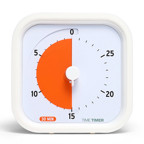 White timer with an orange half-circle and black numbers on a white background
