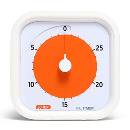 White timer with an orange disk and black numbers on a white background