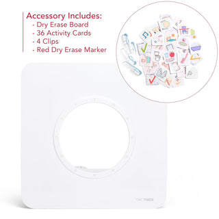 Dry erase board accessory set with activity cards, clips, and marker on a white background