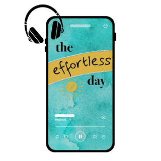 Phone case with 'the effortless day' design and headphones on a white background