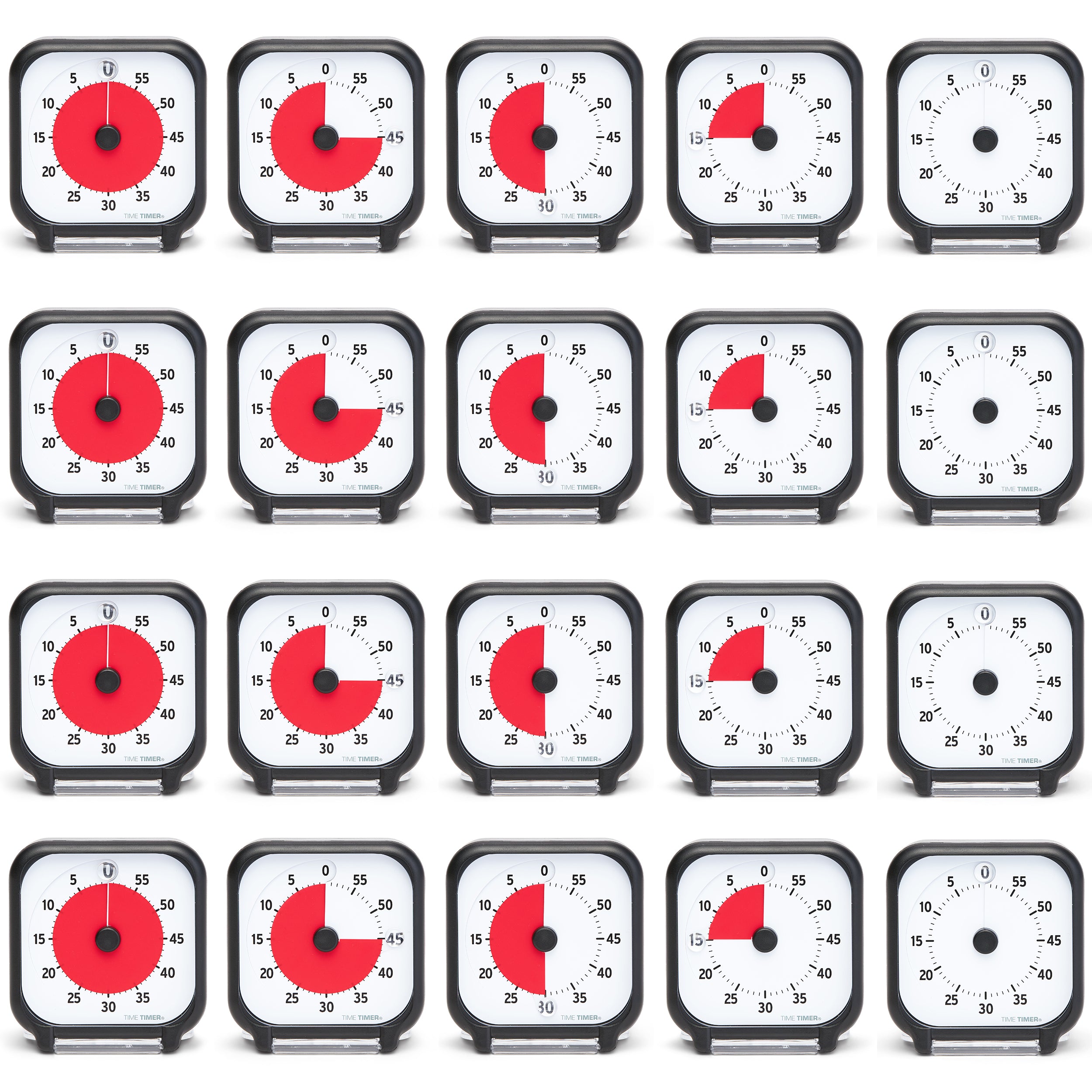 Grid of identical timers with red and black design on a white background