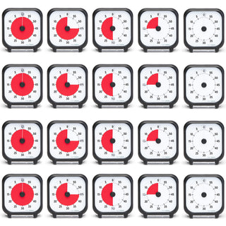 Grid of identical timers with red and black design on a white background