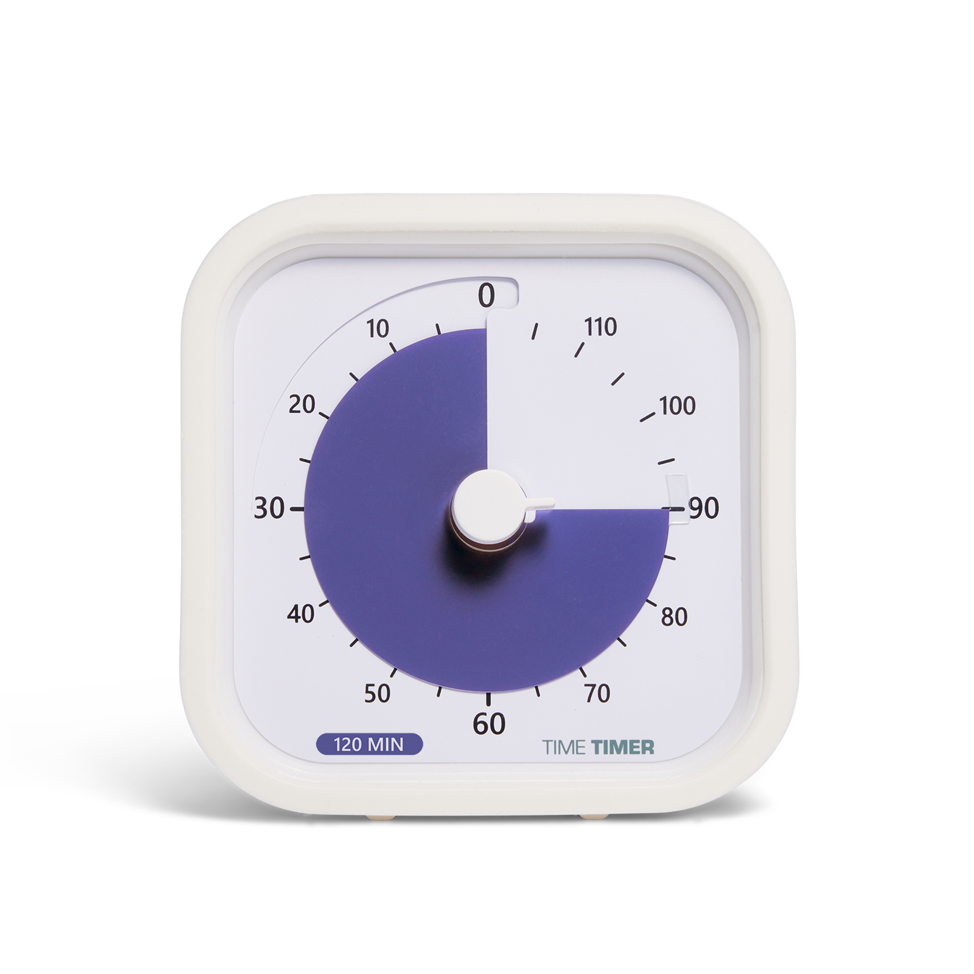 The Time Timer MOD 120-Minute visual timer is shown straight on. The purple disappearing disk is set at the 90 minute mark. 