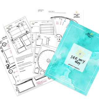 Turquoise planner with 'see my day' branding and printed pages on a white background