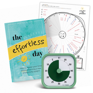 Book titled 'the effortless day' with a timer and circular chart on a white background