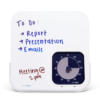 White timer with blue and red writing on a white background using a visual timer