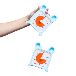 Hand holding a blue and orange kitchen timer on a white background