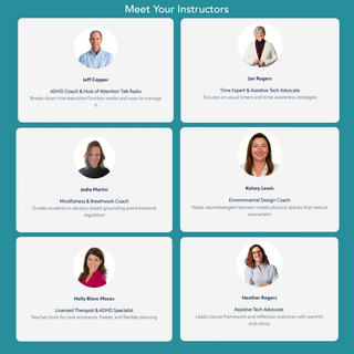 Grid of instructor profiles with names and roles on a teal background