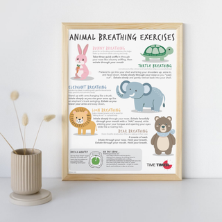 Framed poster with animal breathing exercises on a white wall.
