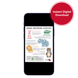 Phone displaying an animal breathing exercises guide with a red 'Instant Digital Download' label.