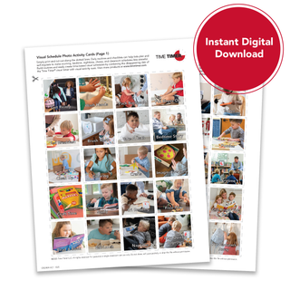 Sheet of visual schedule photo activity cards with children in various activities, featuring Time Timers logo.
