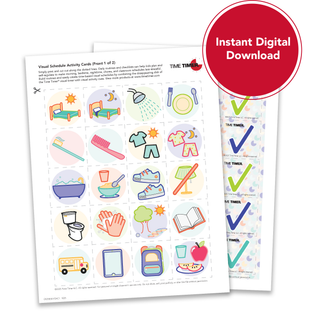 Visual schedule activity cards with colorful icons and checkmarks on a white background.