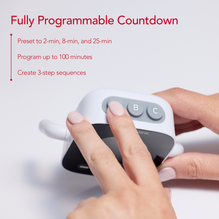 Timer device with buttons being pressed, featuring text about programmable countdown times on a white background.