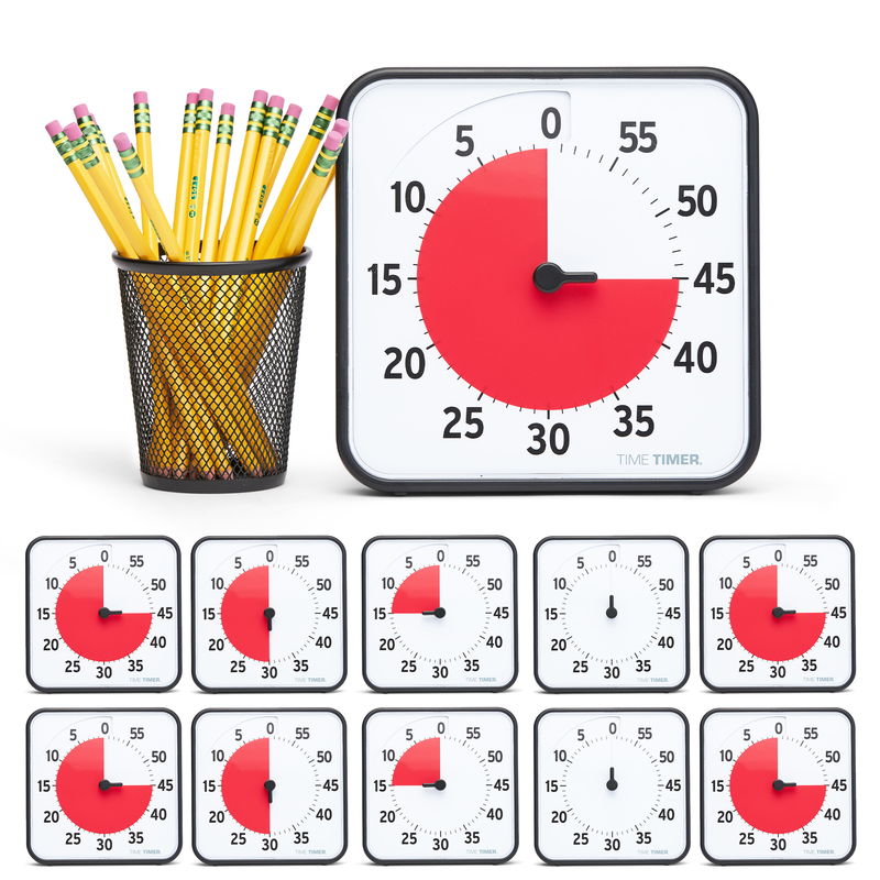 Time Timer 8" inch (Medium) visual timer with red disk showing 45 minutes, yellow pencils in a holder, and smaller timers displayed below on a white background.