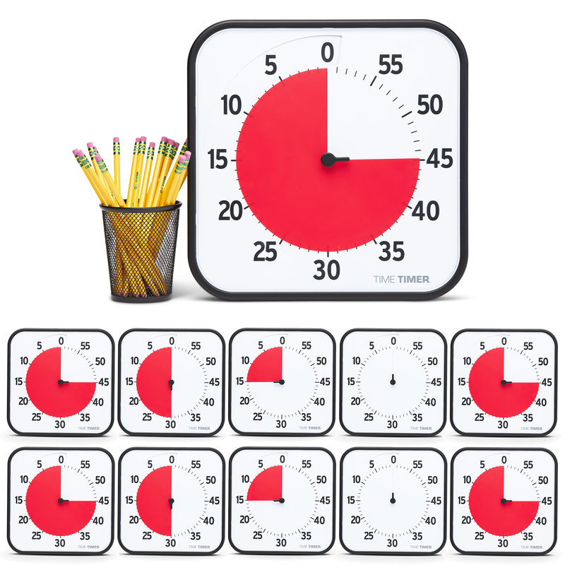 Large Time Timer visual timer with a cup of pencils on a white background