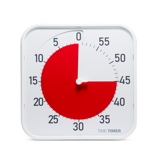 Red circular disc on white timer with white border on a white background