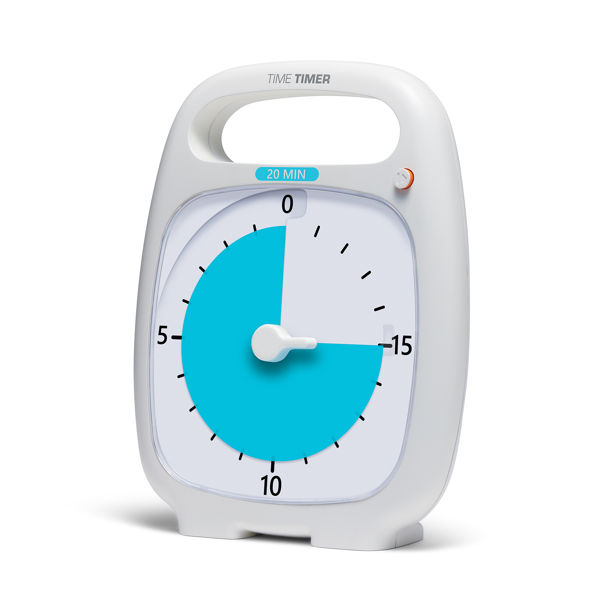 The Time Timer PLUS 20-minute visual timer is shown. The bright blue disk is set at 15 minutes. The Pause Button is popped out showing an orange ring around it.
