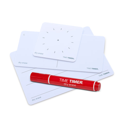 Three Dry Erase Cards are shown with a red marker. The top card has tick marks on it to facilitate drawings of the Time Timer disk. The middle card has a line through it for First/Then sequences. And the Bottom card is lined for writing. 