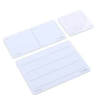 Three Dry Erase Cards are shown. The car on the right has tick marks on it to facilitate drawings of the Time Timer disk. The left, top card has a line through it for First/Then sequences. And the Bottom card is lined for writing. 
