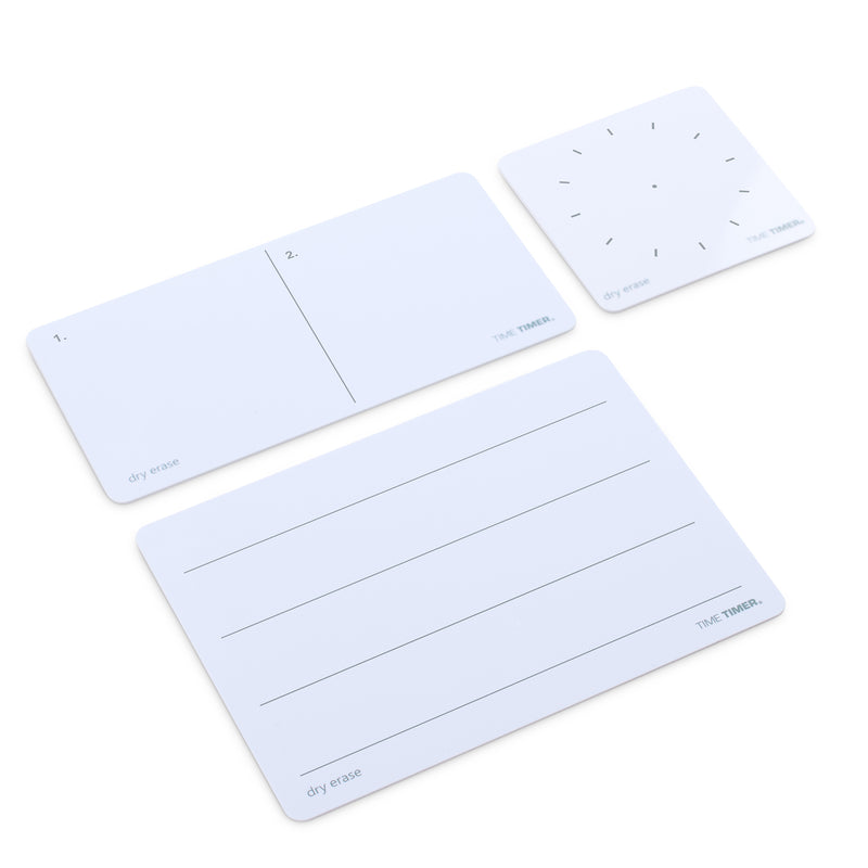 Three Dry Erase Cards are shown. The car on the right has tick marks on it to facilitate drawings of the Time Timer disk. The left, top card has a line through it for First/Then sequences. And the Bottom card is lined for writing. 