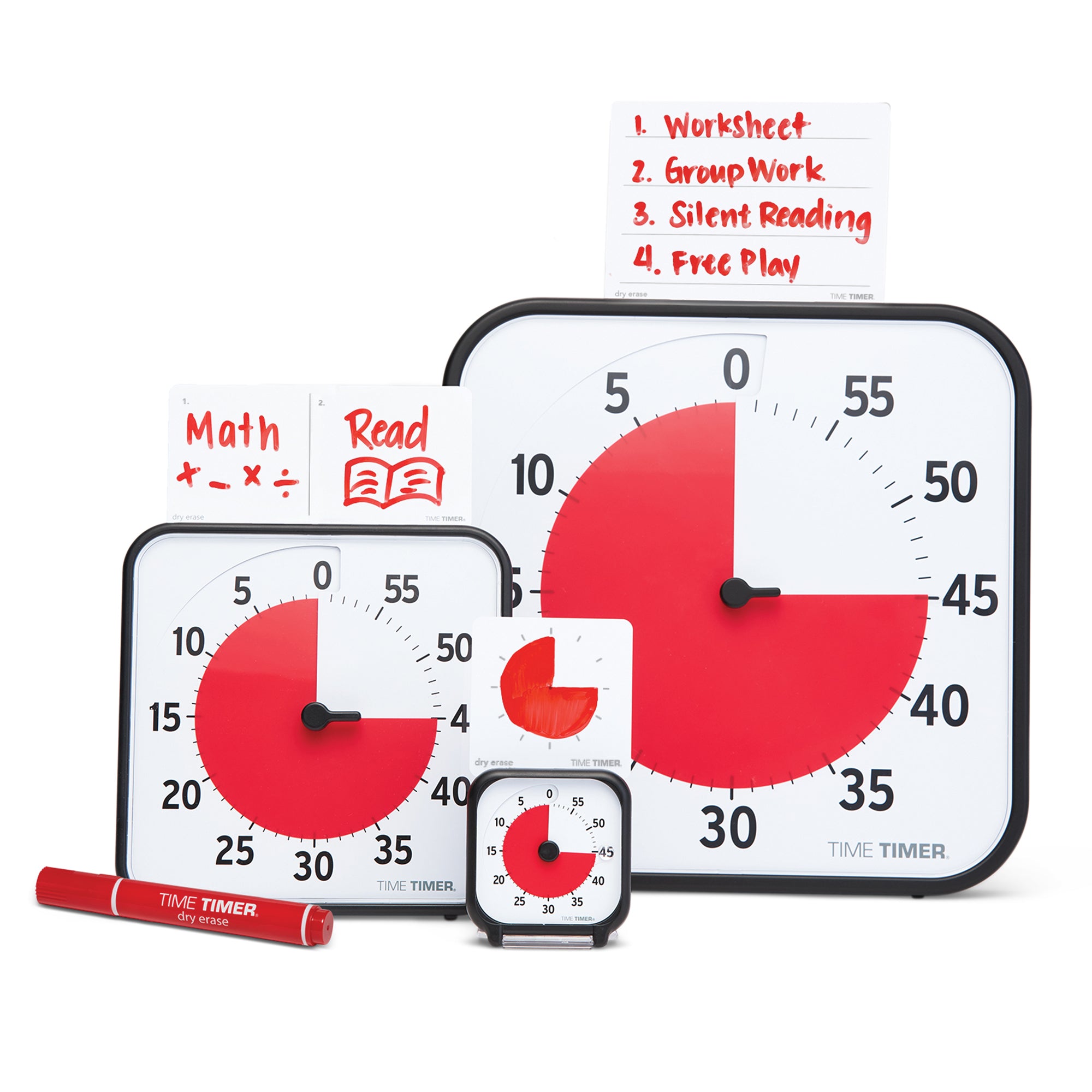 The Time Timer Original family of visual timers are shown together, each with their own Dry Erase Card. The 3-inch timer shows a colored disk. The 8-inch timer shows the Medium Card and reads "Math" on the right and "Read" on the left. The 12-inch timer shows the Large card with a numbered list reading: 1. Worksheet, 2. Group Work, 3. Silent Reading, 4. Free Play.