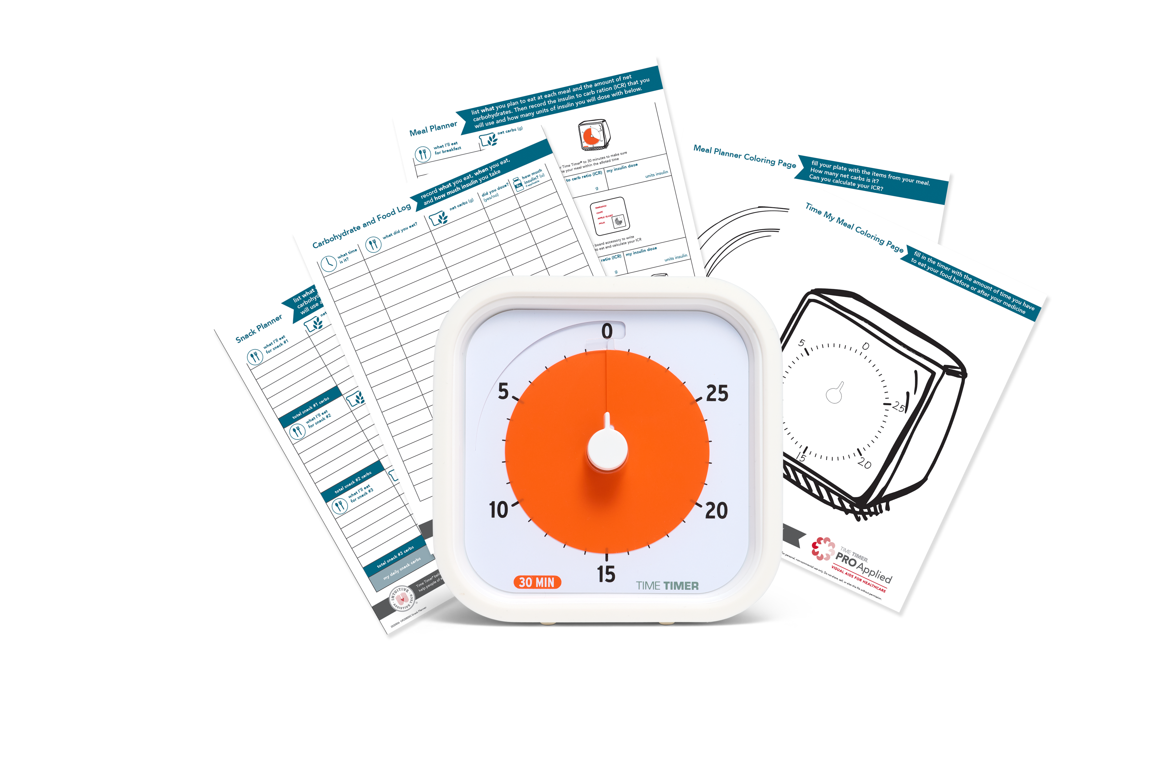 Timer and instruction sheets on a white background