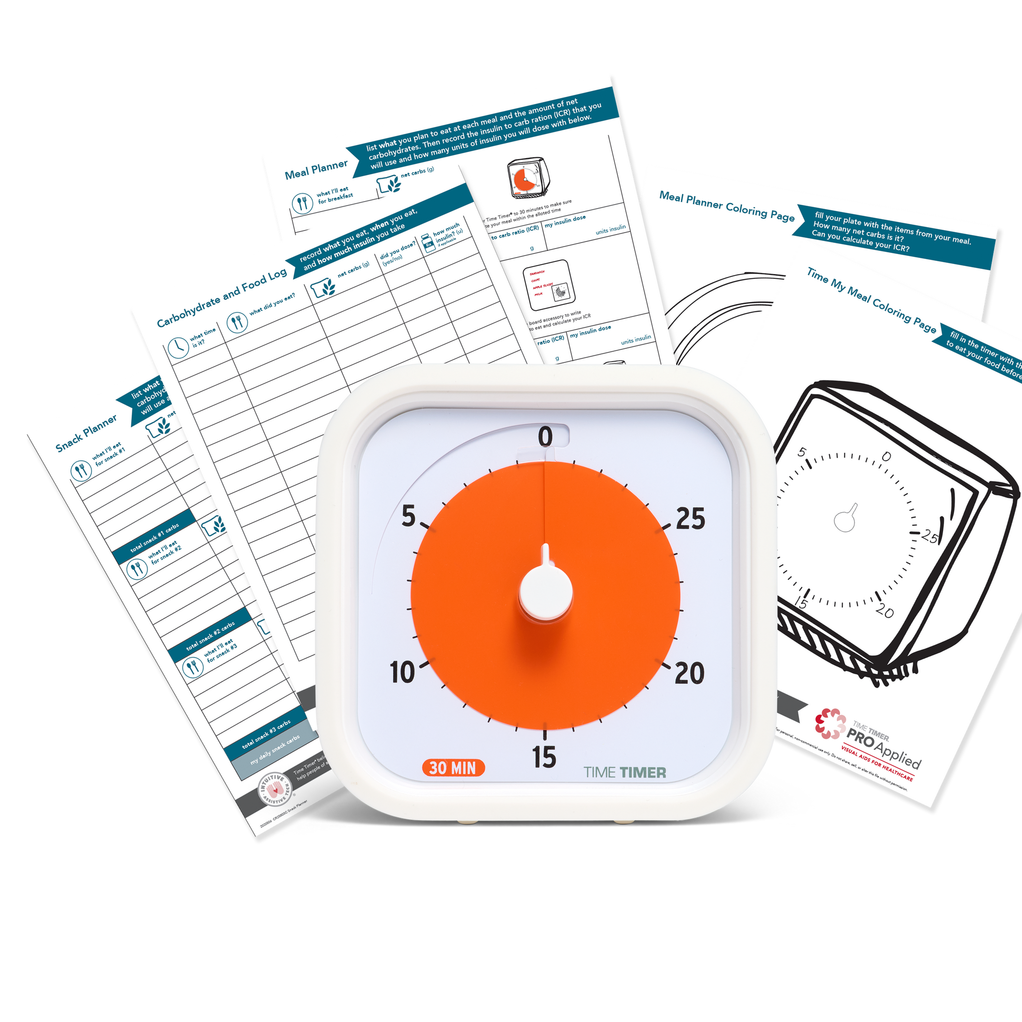 Timer and instruction sheets on a white background