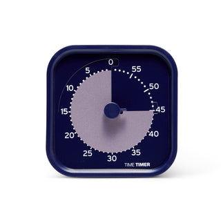 Navy blue square timer with white face on a white background