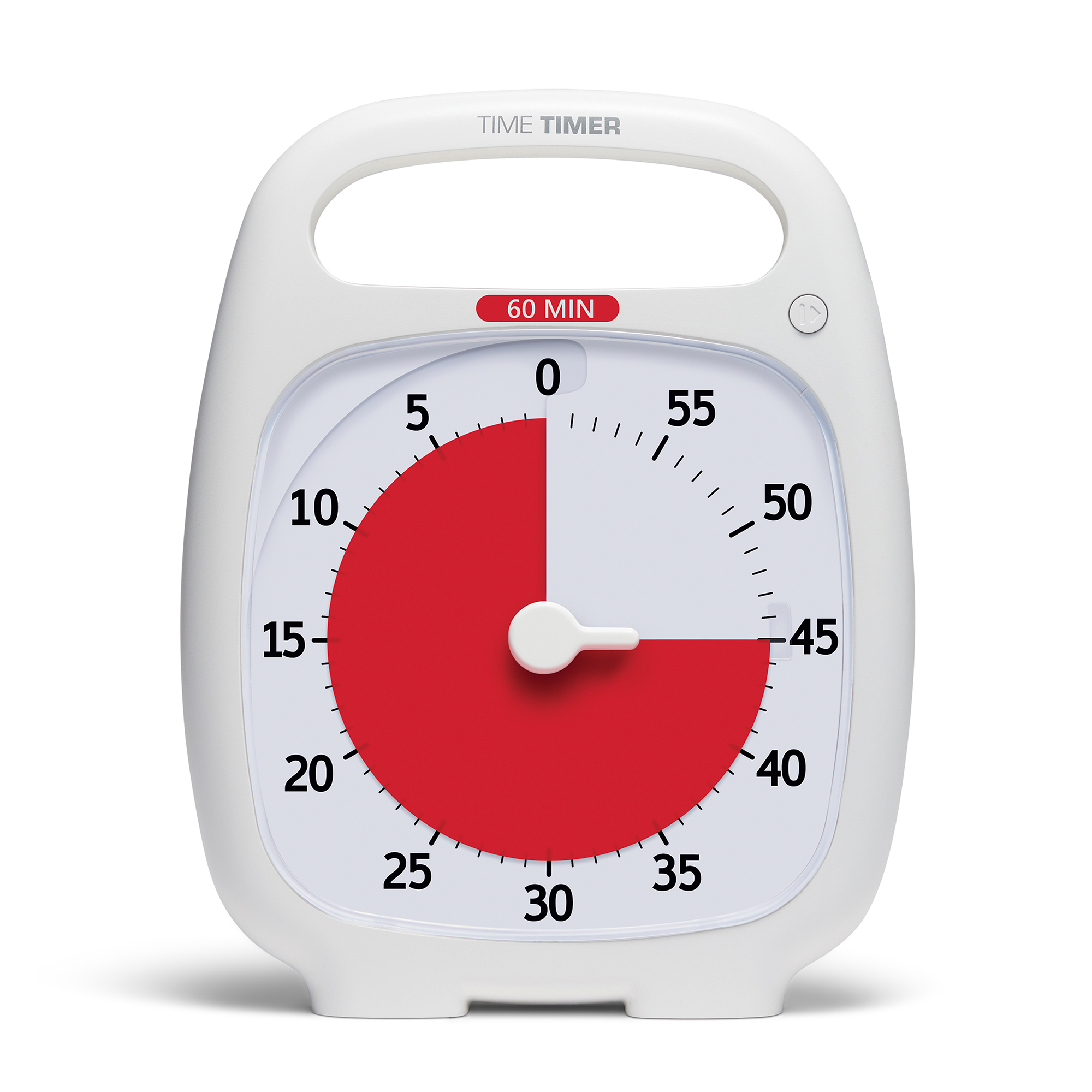 The Time Timer PLUS 60-minute visual timer shown in White Option. Red disk is set at 45 minutes. Pause Button is depressed.