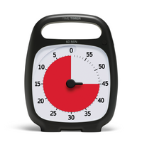 The Time Timer PLUS 60-minute visual timer shown in Charcoal Option. Red disk is set at 45 minutes. Pause Button is depressed. 