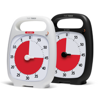 The Time Timer PLUS visual timer in both white and charcoal are shown. Pause button is released showing orange outline. Red disk shows 45 minute durations on both timers. 