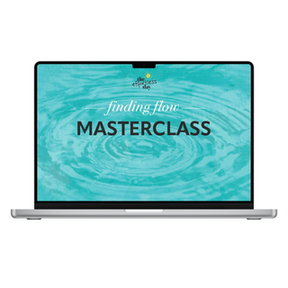 Laptop displaying 'finding flow MASTERCLASS' on a teal background