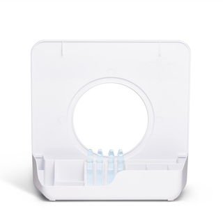 White plastic container with a circular cutout on a white background