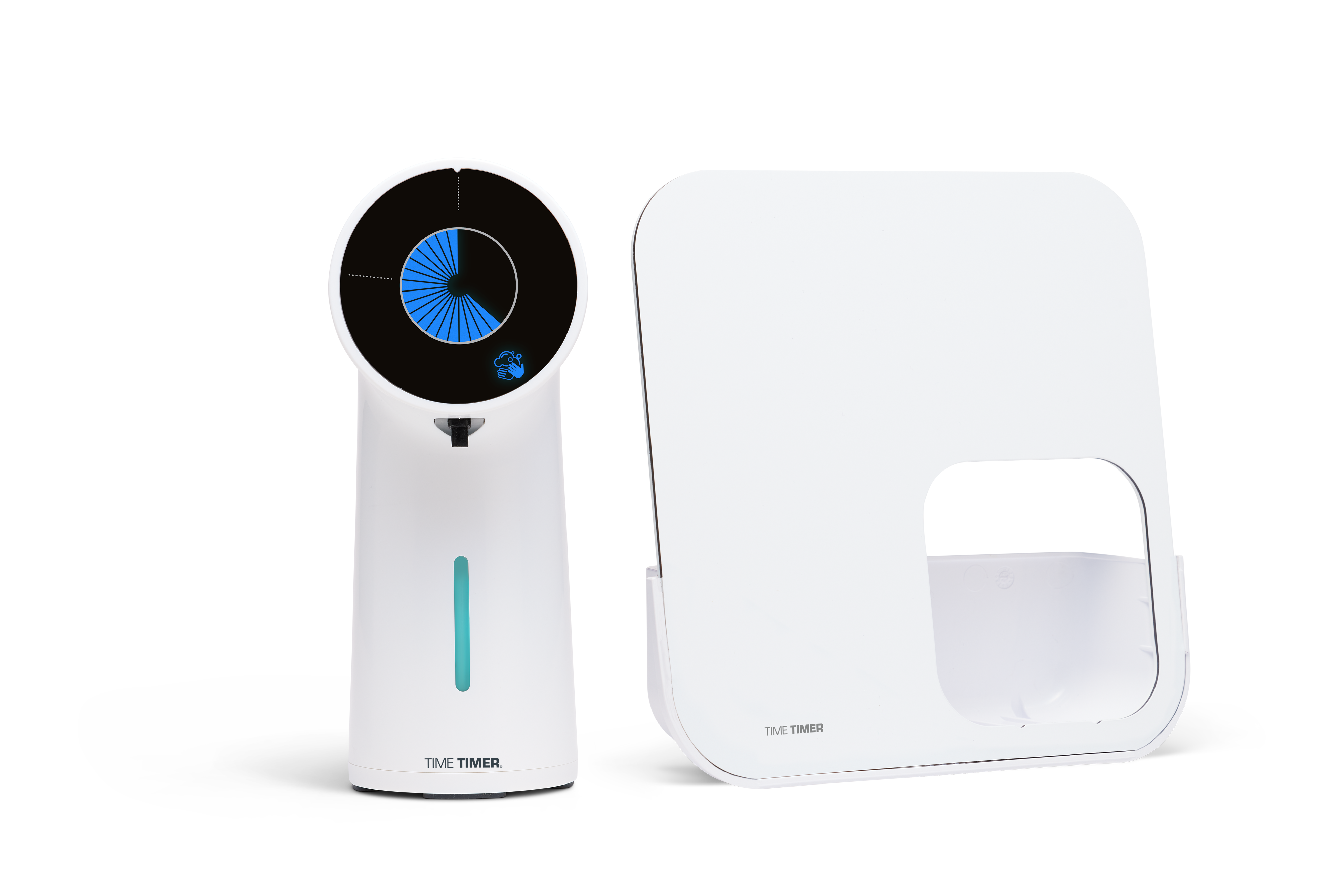 Two white electronic devices with digital displays on a white background 