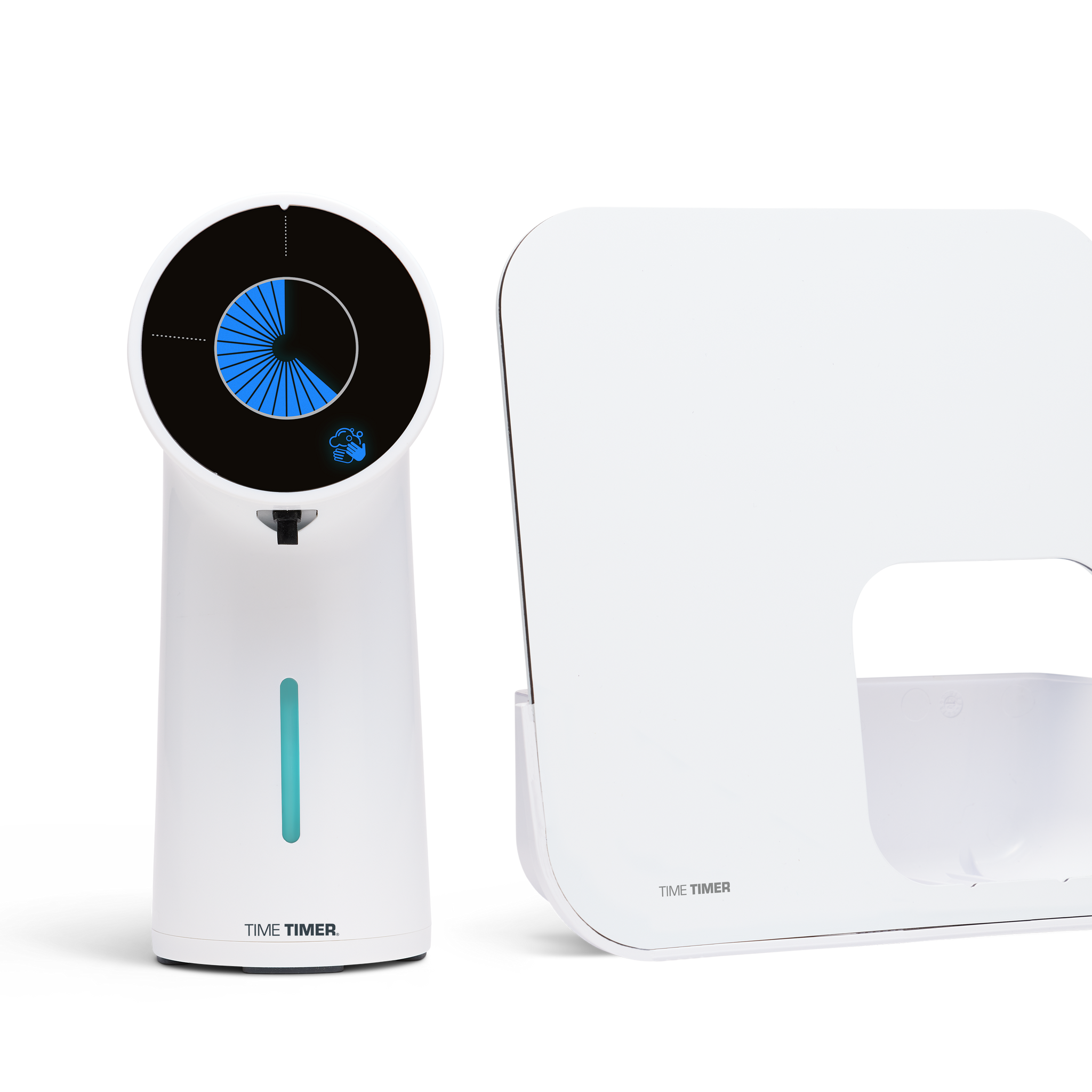Two white electronic devices with digital displays on a white background 
