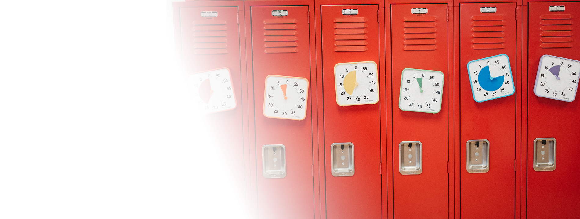 Red lockers with various stickers on a white background