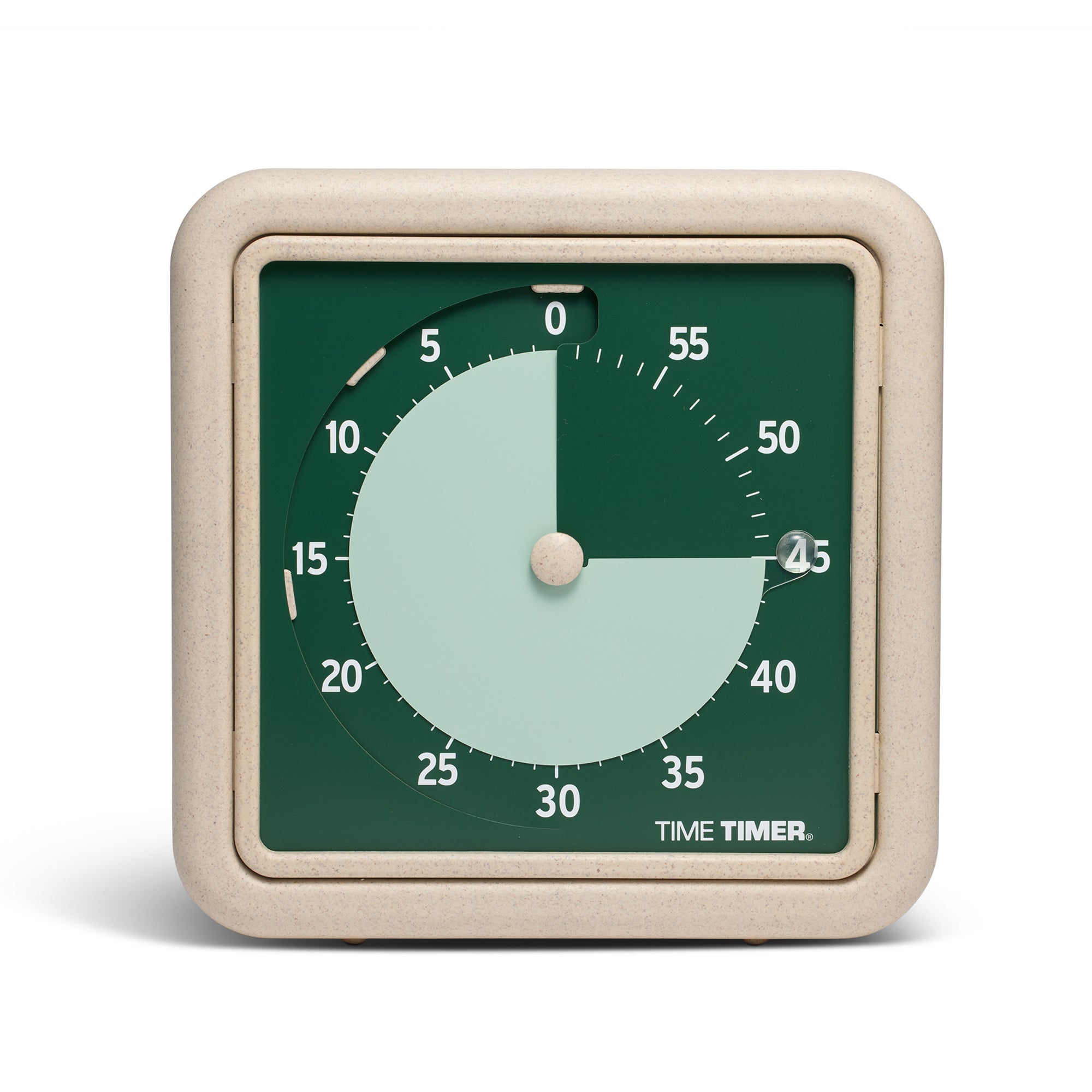 The Time Timer RETRO - Eco Edition in the "Green Land" variant color is shown straight on. This 60-minute visual timer with a textured beige frame, a dark green background and a light green disk. The disk is set at the 45 minute duration. 