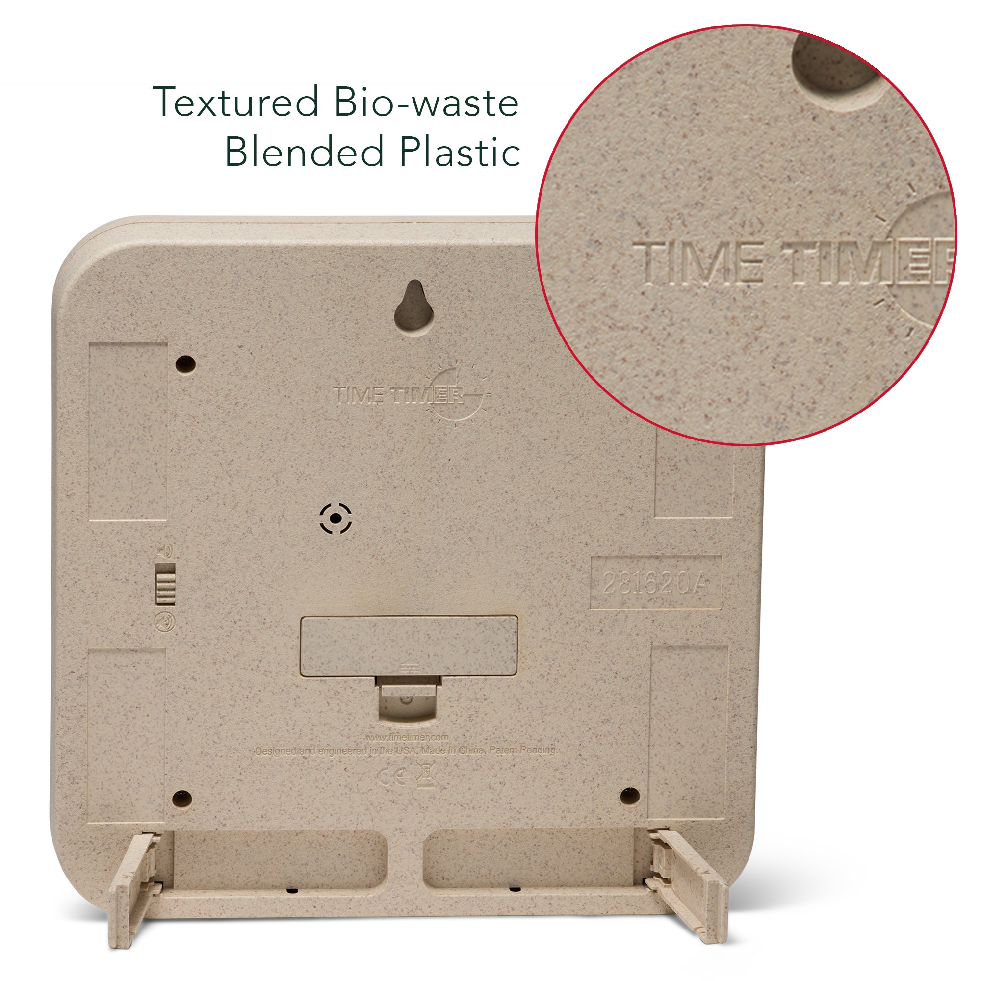 A close-up of the back of the timer is shown. It shows the feet that extend out to place the timer on a tabletop. It also shows the texture of the plastic and reads "Textured Bio-waste Blended Plastic."