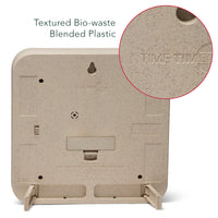 A close-up of the back of the timer is shown. It shows the feet that extend out to place the timer on a tabletop. It also shows the texture of the plastic and reads "Textured Bio-waste Blended Plastic."