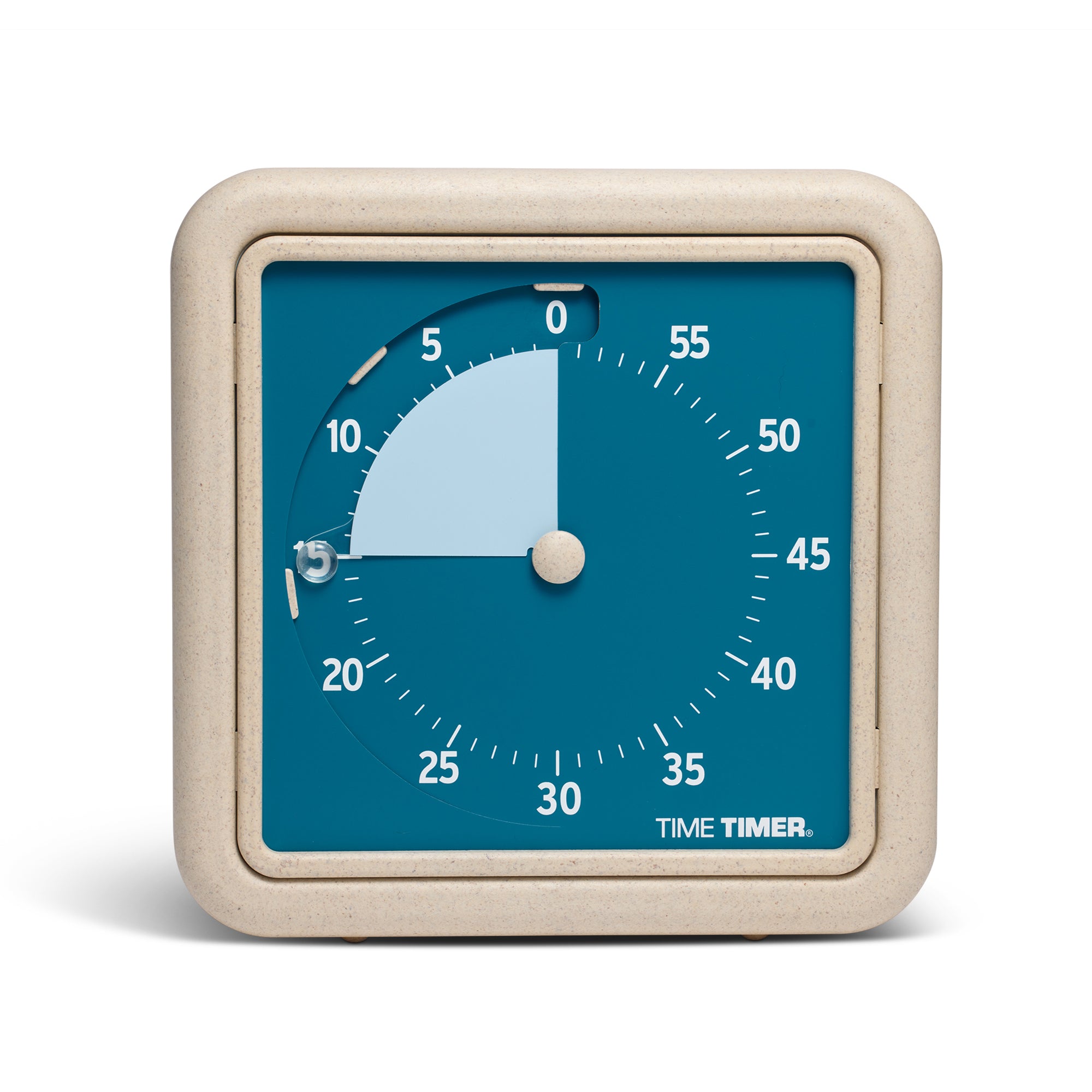 The Time Timer RETRO - Eco Edition in the "Blue Water" variant color is shown straight on. This is a 60-minute visual timer with a textured beige frame, a dark blue background and a light blue disk. The disk is set at the 15 minute duration. 