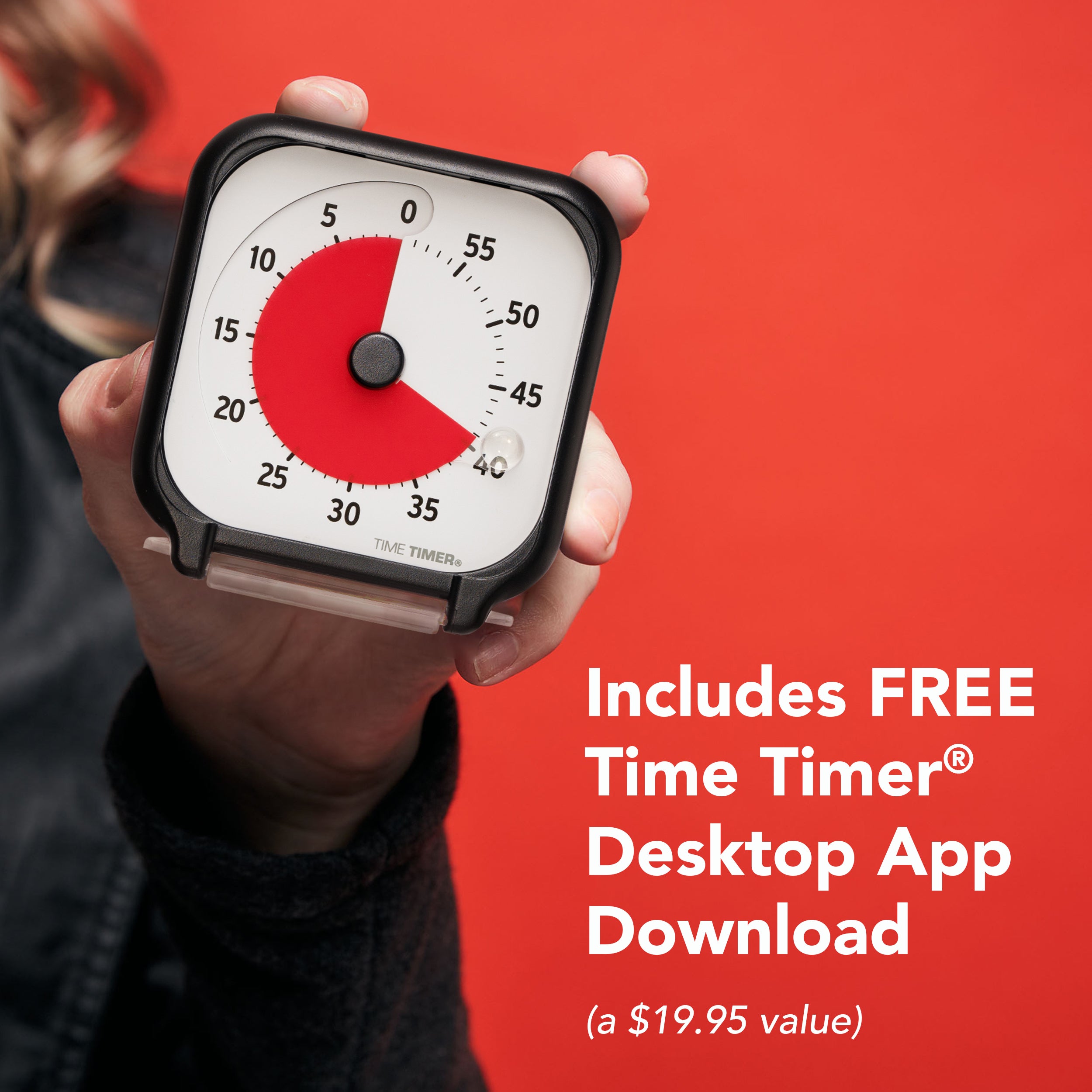 Time Timer is a small desktop sized timer. Shown here being held in woman's hand. The Time Timer Original 3" comes with a FREE Time Timer Desktop App Download, a retail value of $19.95.
