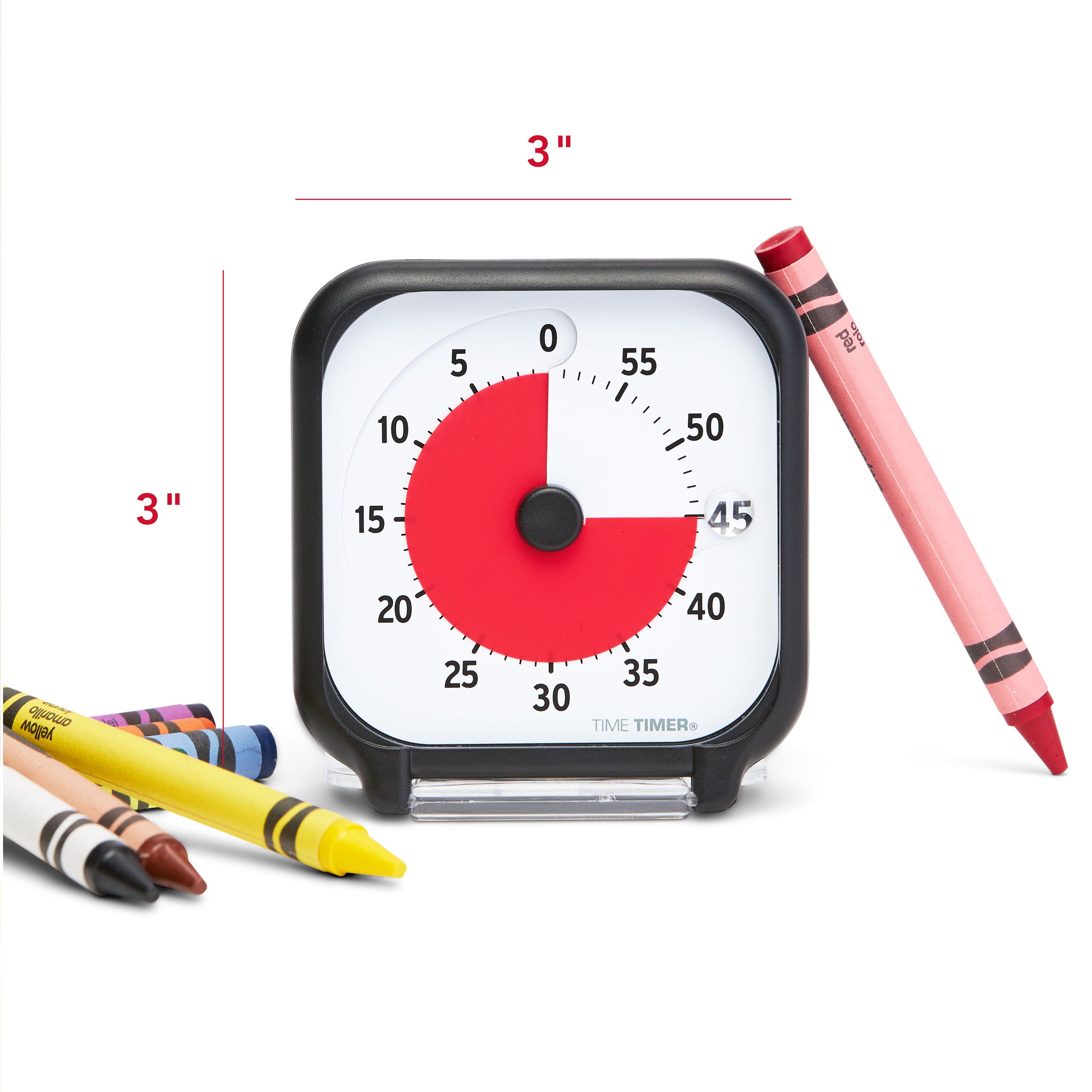 Time Timer Original 3 inch Visual Timer - Pocket. The Time Timer 3-inch is a small portable size at 3x3". Image shows timer sitting next to Crayons as a size reference.