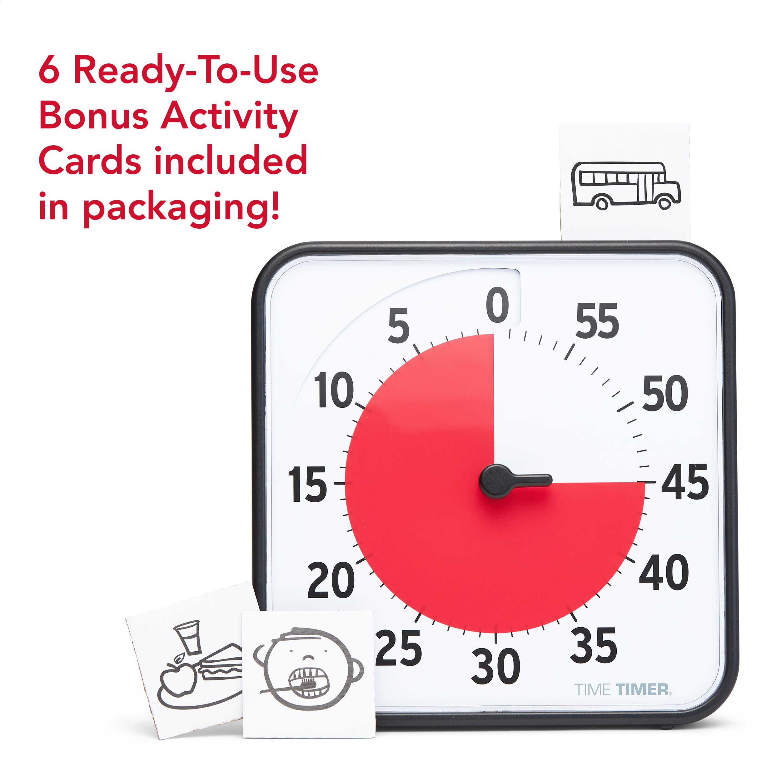 Included in the packaging of the Time Timer Original 12" are 6 cut-out Bonus Activity Cards. This image shows the 60-minute visual timer with the cut out of a bus on top of the timer. Next to the timer are pictos that represent a lunch plate and a person brushing their teeth.