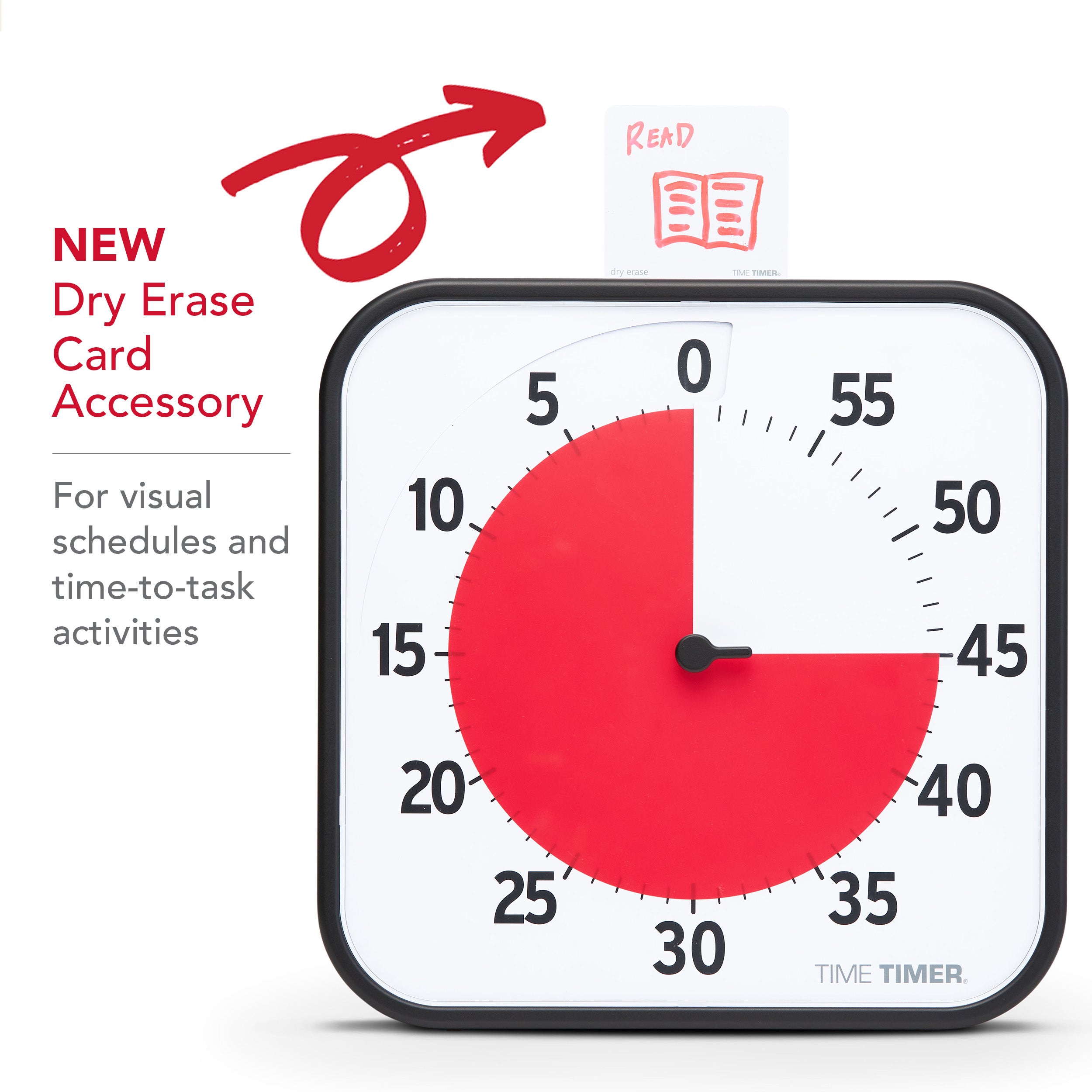 The Time Timer Original 12" comes with a Dry Erase Card Accessory. This accessory slots into the top of the 60-minute visual timer so that the user can create time-to-task activities or visual schedules. This image shows the word "Read" and a drawing of a book on the Dry Erase Card. 