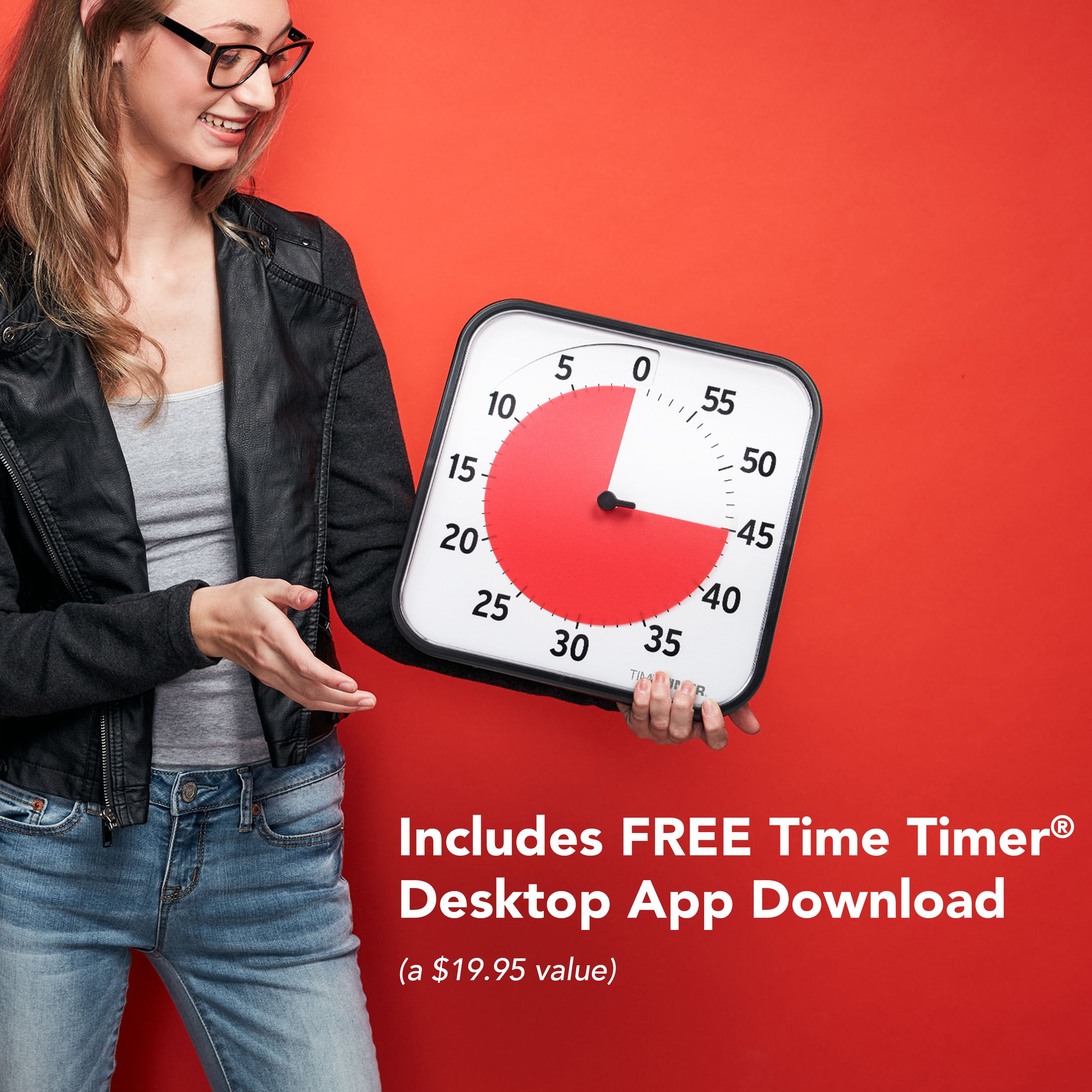 The Time Timer Original 12" is being held by a young woman to showcase the size. This product includes a FREE Time Timer Desktop App Download, a $19.95 retail value.